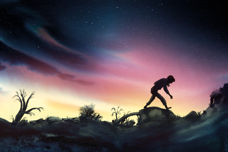 Kain eller Abel gående över en sten i soluppgång