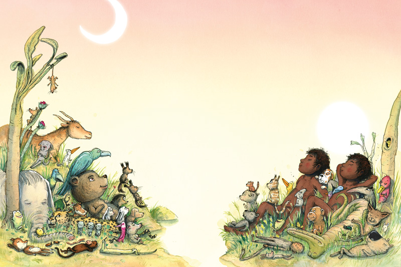 Människor, djur och natur som tittar upp mot himlen 