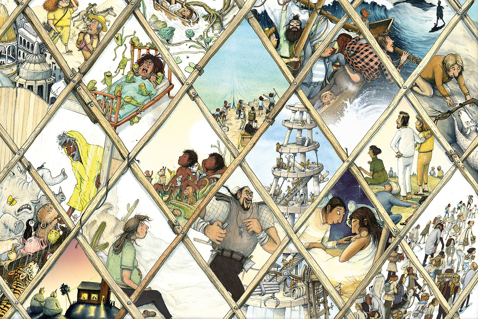 Småbilder i rutnät från olika berättelser