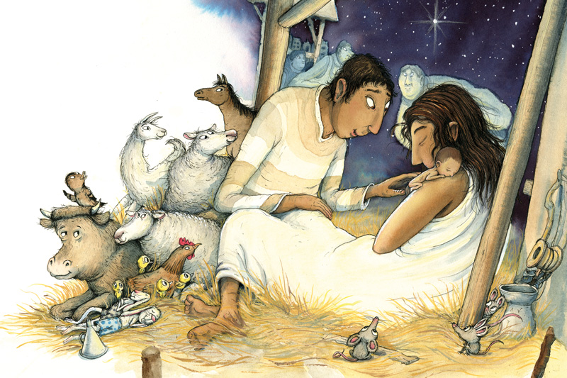 Josef och Maria med Jesusbarnet i stallet.